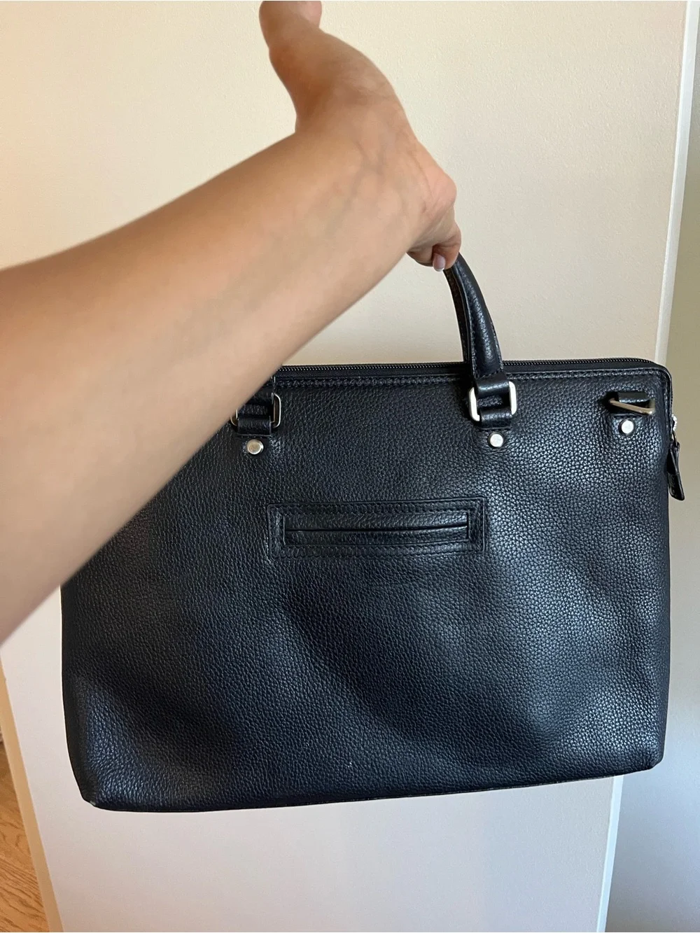 Men's Black Pebbled Leather Briefcase with Front Zip Pocket